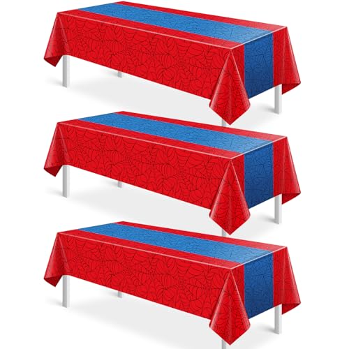 3Pcs Spider Web Themed Birthday Party Tablecloths Decorations,Red Blue Hero Plastic Table Cover Disposable Rectangle Table Cloth for Baby Shower Kids
