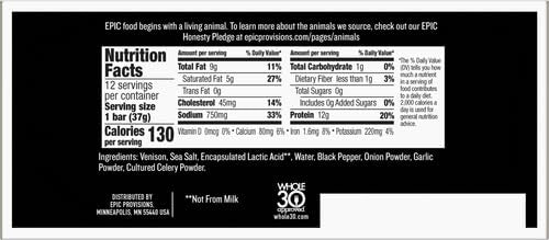 EPIC Bars, Venison Sea Salt and Pepper Bar, Keto Friendly, Whole30 Approved, Gluten Free, 12 Count, 15.6 oz