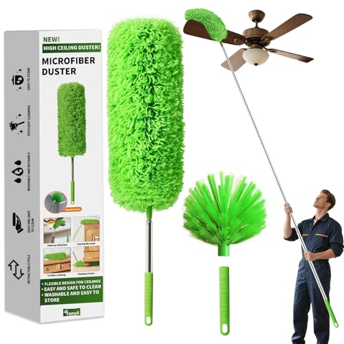 Cobweb Duster with Extension Pole, Washable Cleaning Duster Set with 2 Duster Heads, Corner Brush, 15-110-Inch Telescoping Pole for high Ceiling