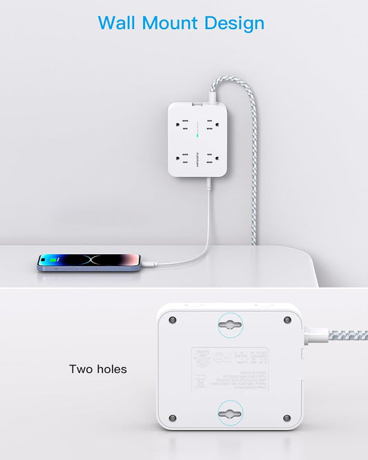 Surge Protector Power Strip - HANYCONY 8 Outlets 4 USB (2 USB C) Charging Ports, Multi Plug Outlet Extender, 5Ft Braided Extension Cord, Flat Plug