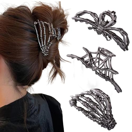 3PCS Black Spider Web Skeleton Hand Skull Hair Claw Clips for Women And Girls, Hiphop Metal Large Medium Size for Thick Thin Hair, Headband Barrette