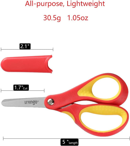 LIVINGO 5" Small School Student Blunt Kids Craft Scissors, Sharp Stainless Steel Blades Safety Comfort Grip for Children Cutting Paper, Assorted