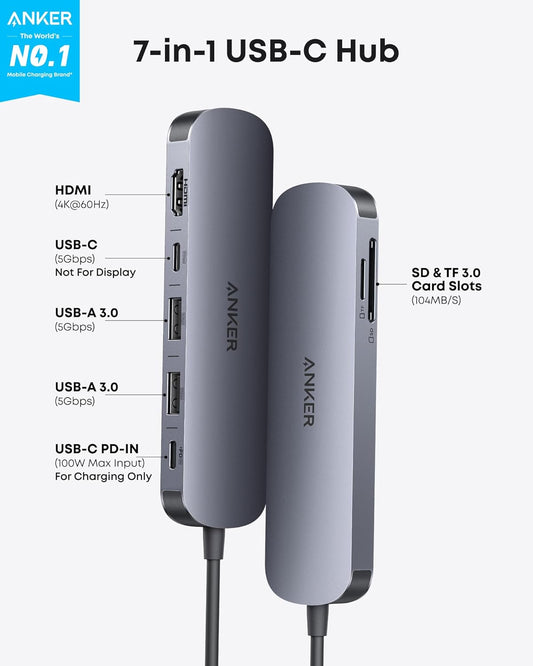 Anker USB C Hub, 7-in-1 Multi-Port USB Adapter for Laptops, 4K@60Hz USB C to HDMI Splitter, 85W Max Power Delivery, 3xUSBA & C 3.0 Data Ports, SD/TF