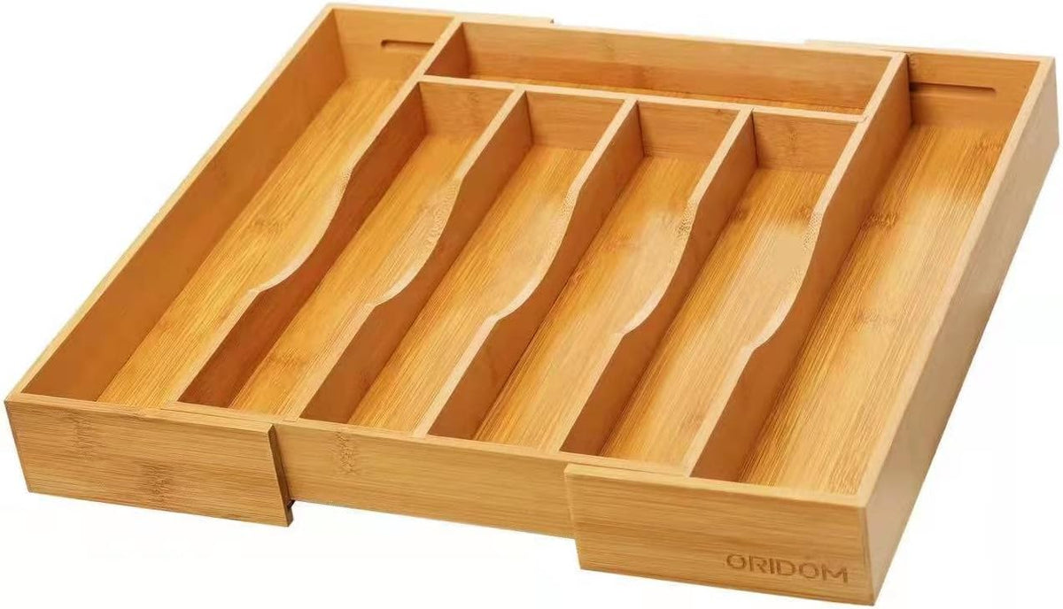 Expandable Bamboo Kitchen Drawer Organizer for Cutlery and Utensils, Adjustable Bamboo Wood Cutlery Tray in Drawer for Flatware and Silverware in