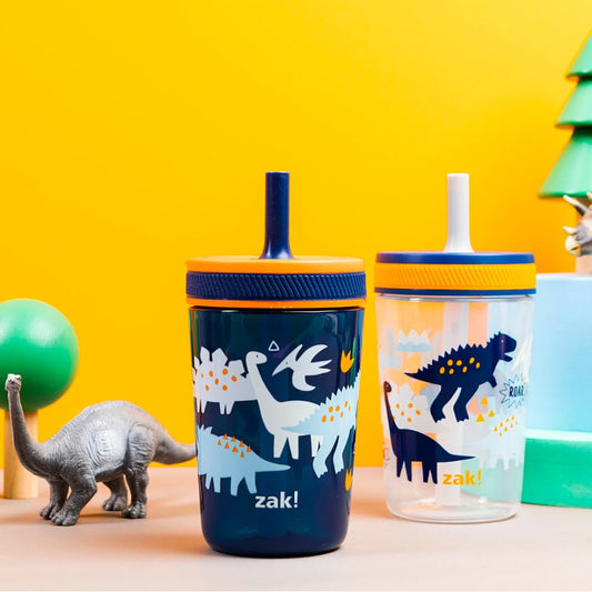Zak Designs Kelso Toddler Cups For Travel or At Home, 15oz 2-Pack Durable Plastic Sippy Cups With Leak-Proof Design is Perfect For Kids (DinoRoar