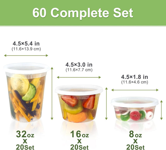 60 Sets (120-Piece) Deli Containers with Lids, 32/16/8 oz X 20 Set Each, Leak-Proof & BPA Free Airtight Takeout Plastic Food Storage Containers for