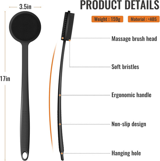 VWMYQ Silicone Back Scrubber for Shower, 17in Lengthen Long Handle Body Brush, Double Sided Shower Brush for Shower Exfoliating and Massage Can