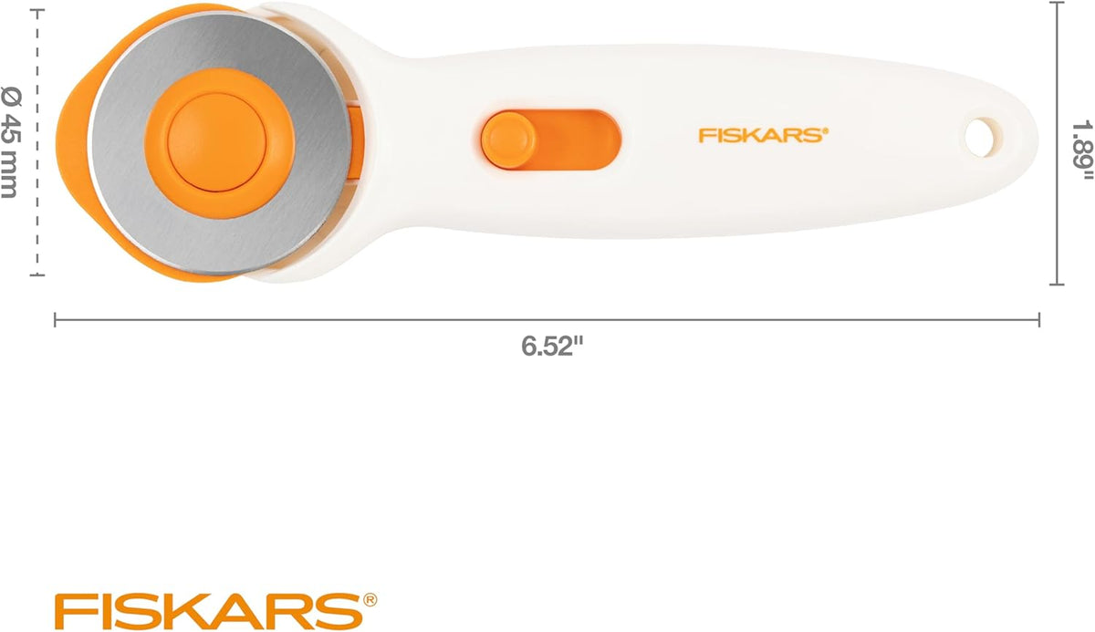 Fiskars 45mm Rotary Cutter for Fabric, Premium Steel Stick Fabric Cutter Cuts Through Multiple Layers, Right and Left Handed, Easy and Safe Blade