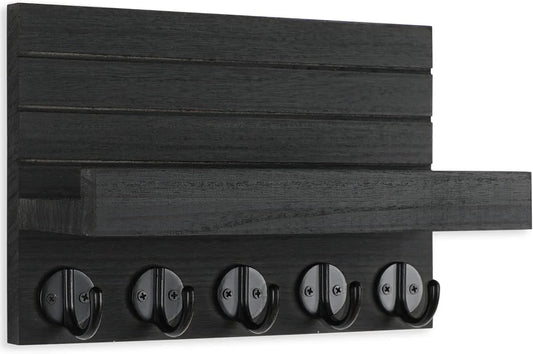 Wall Key Holder with Shelf, Hooks for Bags & Coats, Paulownia Wood, 9.8 x 6.7 x 4.2 - Cart Shape