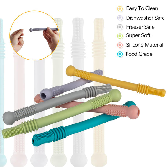 Fu Store Hollow Teether Tube Chew Straw Sensory Toy for Infant Toddlers Silicone Tubes Teething Toys for Babies 18-36 Months Gifts Learning