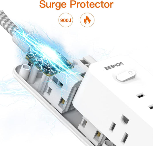 Power Strip Surge Protector, BESHON 5Ft Extension Cord, 6 Outlets with 4 USB Ports (2 USB C Outlet), 3-Side Outlet Extender, Wall Mount, Compact for