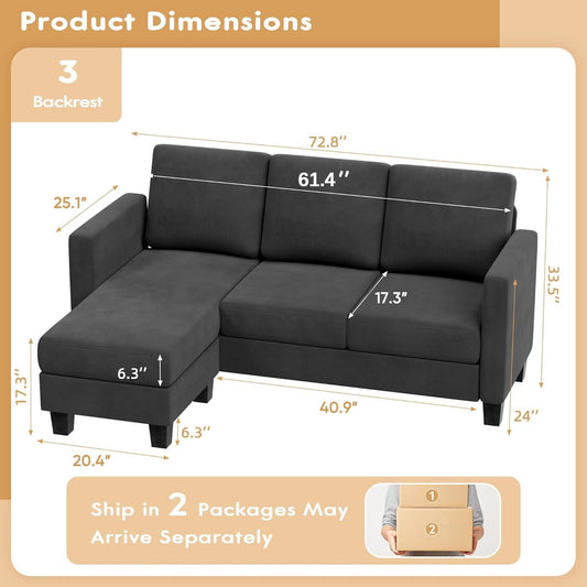 VICTONE Convertible Sectional Sofa Couch, 3 Seat L-Shaped Sofa with Linen Fabric Ottoman Small Couch for Small Apartments, Living Room and Office