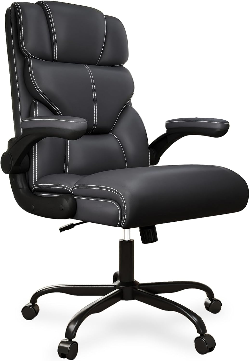 Executive Office Chair with Flip-up Armrests,Ergonomic Computer Desk Chairs,Mid-Tall Back Leather Office Chair 400 Lbs,Lumbar Support Swivel PC Chair