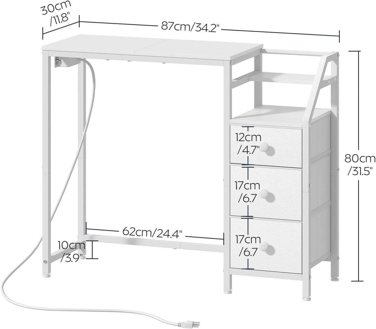 Small Vanity Desk Without Mirror, Makeup Vanity Table with Power Outlet, White Vanity with Fabric Drawers, Dressing Table, for Small Spaces, Bedroom