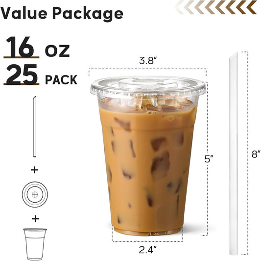 AOZITA 25 Pack - 16 oz Plastic Cups with Lids and Straws, Clear Iced Coffee Cups with Lids, Disposable Cups with Lids for Cold Drinks, Iced Tea