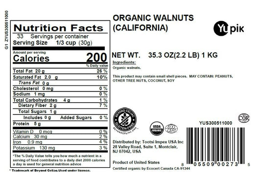 Yupik Organic Raw California Walnuts, Halves, 2.2 lb (35.2 oz), Kosher, Gluten-Free, Non-GMO, Vegan, Half Nuts, Unsalted, Unroasted, Source of