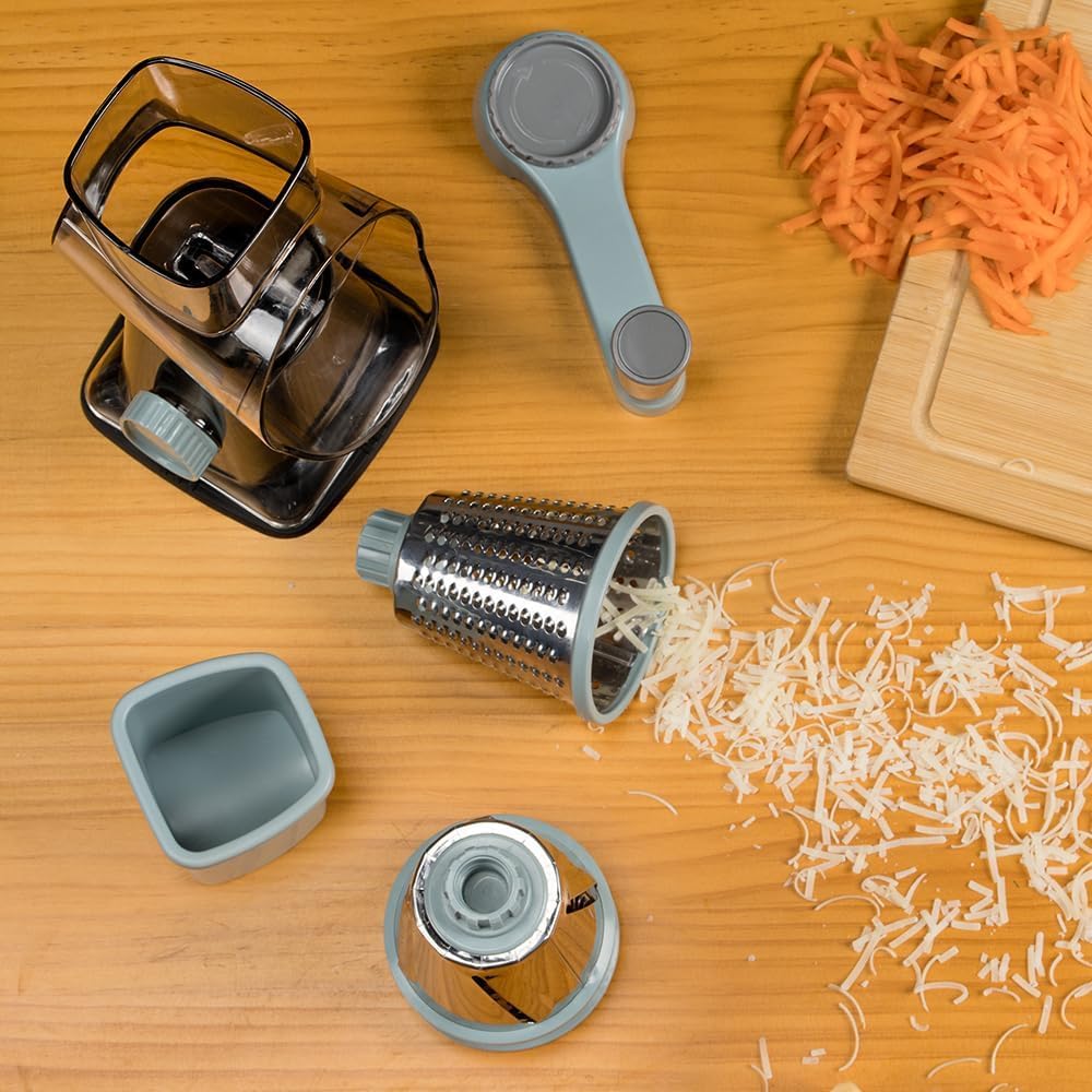 KEOUKE Rotary Cheese Grater Hand Crank Transparent - Shredder Slicer Grinder 3 Stainless Steel Blades, Stable Suction, Labor-Saving Handle, Safe