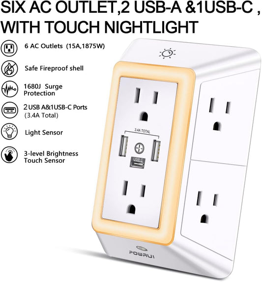 POWRUI Multi Plug 6 Outlet Surge Protector Extender with 3 USB Ports (1 USB C) and Night Light, 3-Sided Power Strip with Adapter Spaced Outlets, ETL