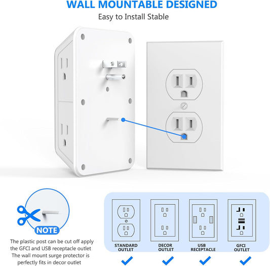 Outlet Extender Surge Protector - 6 Outlet Splitter with 4 USB Ports (2 USB C), Multiple Plug Expander Wall Charger, 3 Sided Multi Plug Wall Adapter