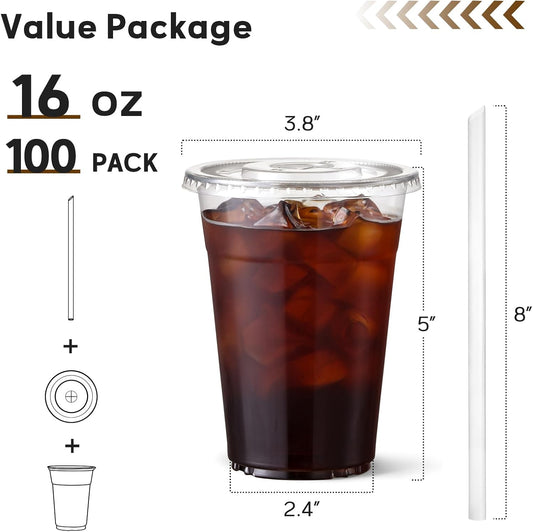 AOZITA 100 Pack - 16 oz Clear Plastic Cups with Lids and Straws, Food Safe Disposable Iced Coffee Cups for Cold Beverages, Smoothies, Iced Coffee