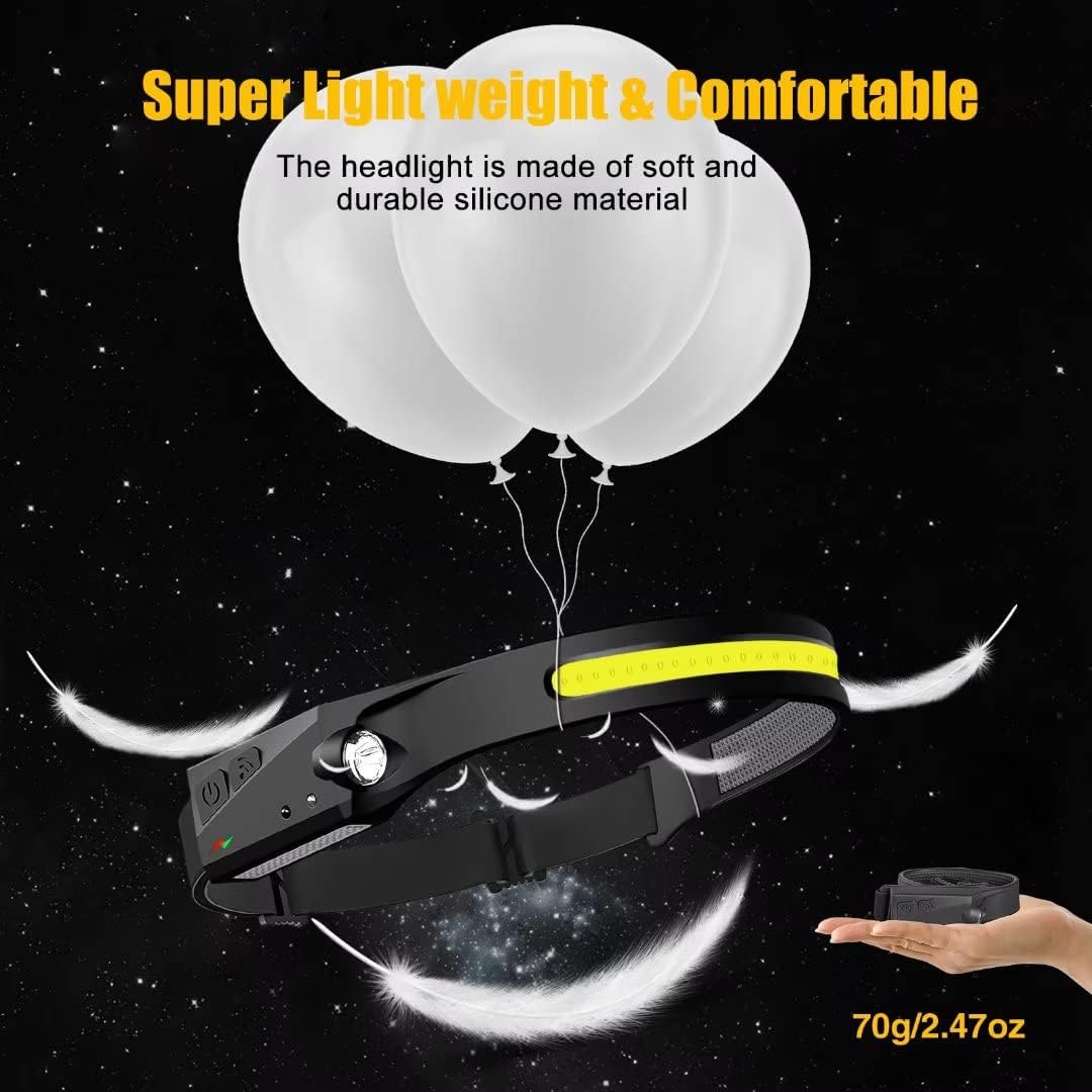 Headlamp Rechargeable, 230° Wide Beam Head Lamp LED with Motion Sensor for Adults - Camping Accessories Gear, Waterproof Head Light Flashlight for