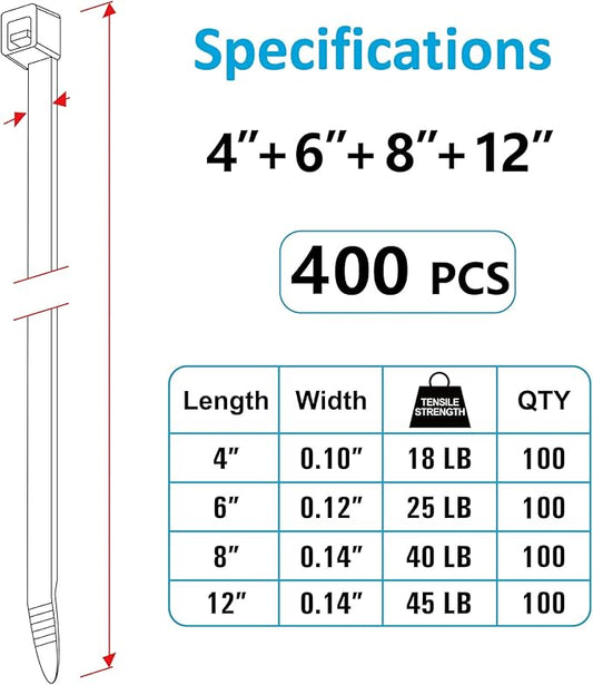 Zip Ties Assorted Sizes(4”+6”+8”+12”), 400 Pack, Black Cable Ties, UV Resistant Wire Ties by ANOSON - Cart Shape