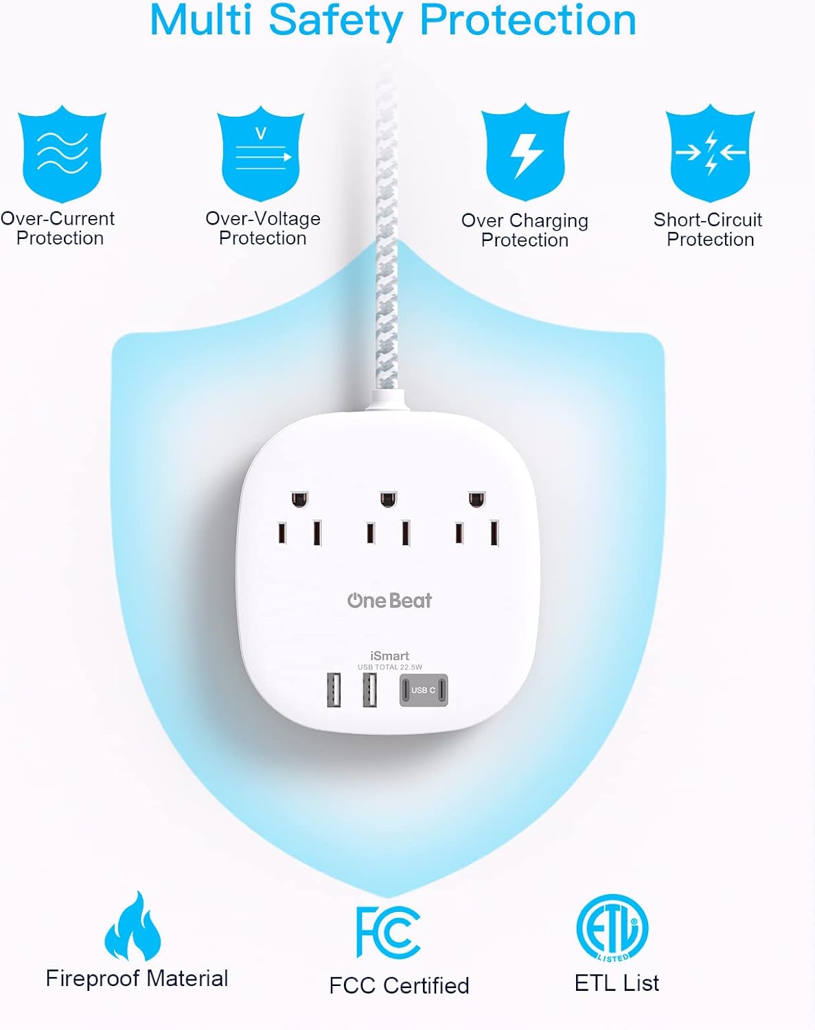 Flat Plug Power Strip, 6ft Ultra Flat Extension Cord - 3 Outlets 4 USB Ports (2 USB C) 22.5W/4.5A Desktop Charging Station, Power Strip No Surge
