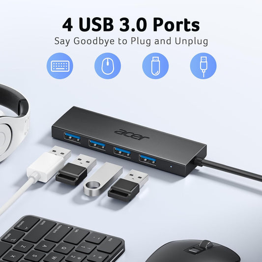 Acer USB Hub 4 Ports, Multiple USB 3.0 Hub, USBA Splitter for Laptop with Type C Power Port, Extender for A Port Laptop, PC, Desktop and More (2ft)
