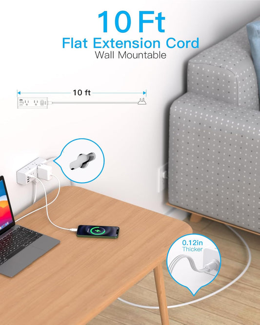One Beat 10Ft Extension Cord with Multiple Outlets,Flat Plug Power Strip Surge Protector with 10 Ft Long Cord,6 Outlet 4 USB Ports (2USB C),Multi