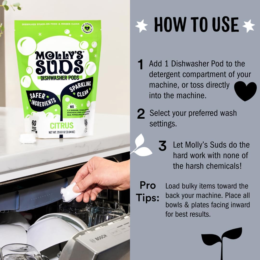 Molly's Suds Dishwasher Pods | Clean Dishwasher Detergent, Cuts Grease & Rinses Clean (Residue-Free) for Sparkling Dishes | 60 Auto-Release Tabs