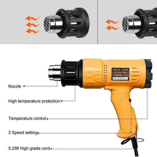 SEEKONE Heat Gun 1800W 122℉-1202℉(50℃- 650℃)Fast Heating Heavy Duty Hot Air Gun Kit Variable Temperature Control Overheat Protection with 4 Nozzles