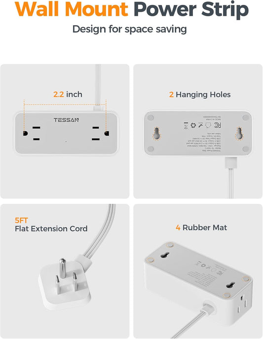 Flat Plug Extension Cord 5 FT, Surge Protector Power Strip with 4 AC Outlets 1 USB C and 2 USB A Ports, 900 Joules Protection, Multiple Wall Outlet