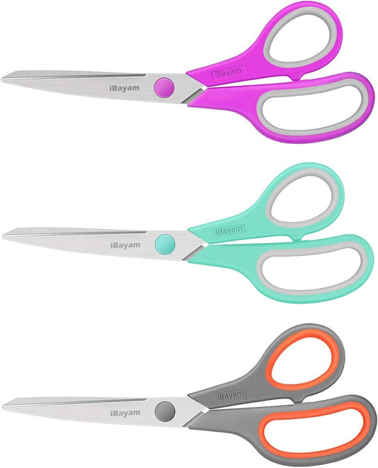 Scissors, iBayam 8" All Purpose Scissors Bulk 3-Pack, Ultra Sharp 2.5mm Thick Blade Shears Comfort-Grip for Office Desk Accessories Sewing Fabric