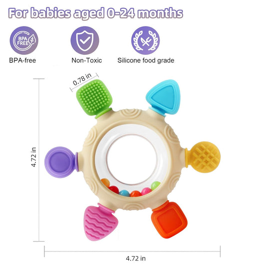 Baby Teething Rings Toys for 0-6 6-12 Months Baby Rattle Teether Sensory Toys for Babies 0-24Months Silicone Teether Relief Chew Soothing Sore Gums
