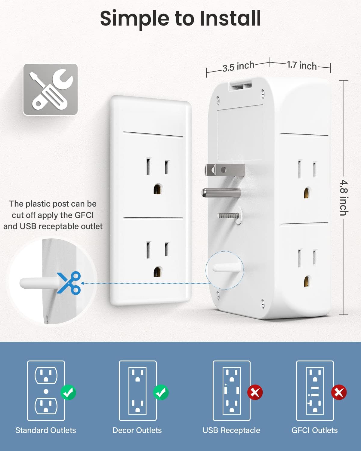 Mifaso 3-Sided Multi Plug Power Strip, Wall Extender with Shelf, Night Light & Surge Protector, USB Wall Charger with 5 AC Wide Space Outlets and 3