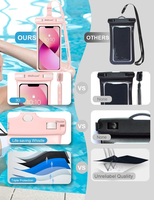 wellhouse Waterproof Phone Pouch, Waterproof Phone Case for iPhone 16 15 14 13 12 Pro Max XS Samsung, IPX8 3D Cellphone Dry Bag Beach Essentials (1