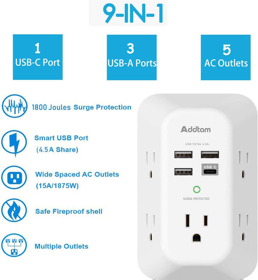 Addtam USB Wall Charger Surge Protector 5 Outlet Extender with 4 USB Charging Ports (1 USB C Outlet) 3 Sided 1800J Power Strip Multi Plug Outlets
