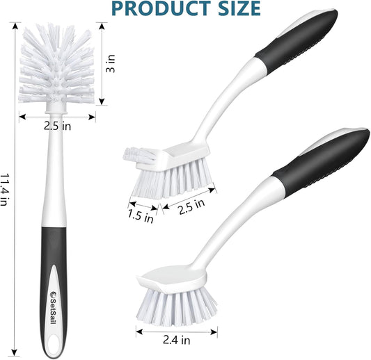 SetSail Dish Brush Set of 3 with Bottle Brush, Dish Scrub Brush with Long Handle Deep Cleaning Handle Brush with Scraper Tip for Kitchen Sink Dishes