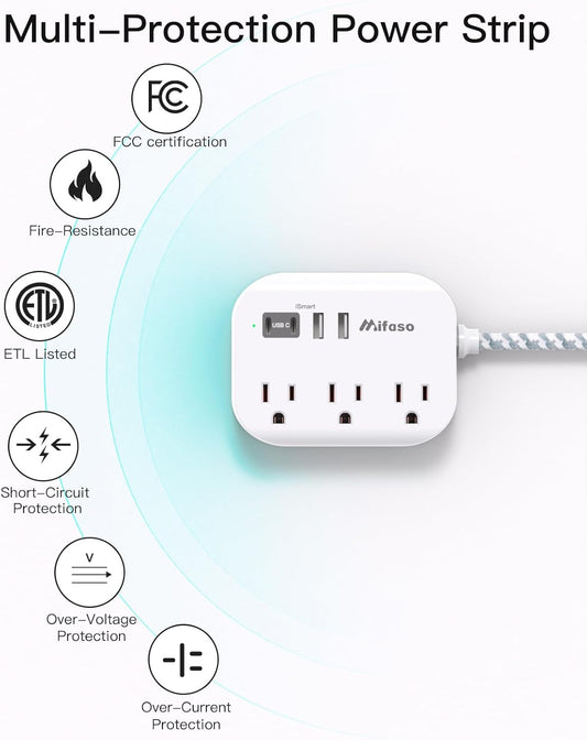Cruise Ship Essentials - Mifaso Power Strip with USB Ports, 5Ft Flat Extension Cord with Multiple Outlets, USB Charging Station with Non Surge