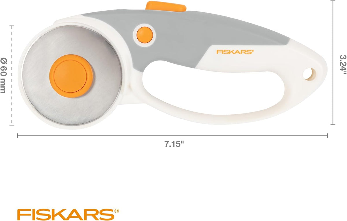 Fiskars 60mm Rotary Cutter for Fabric with Ergonomic Loop Grip And Comfort Handle, Titanium Rotary Fabric Cutter for Thick Materials, Easy and Safe