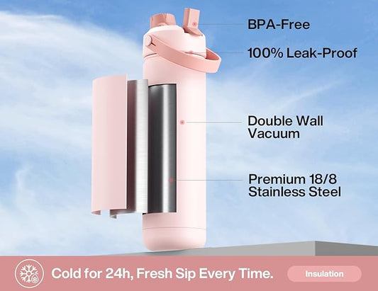 26 oz Insulated Water Bottle with 2-in-1 Straw and Spout Lid, Keep Cold 24H, Leak-Proof, Fits in Car Cup Holder, Stainless Steel Water Bottle for