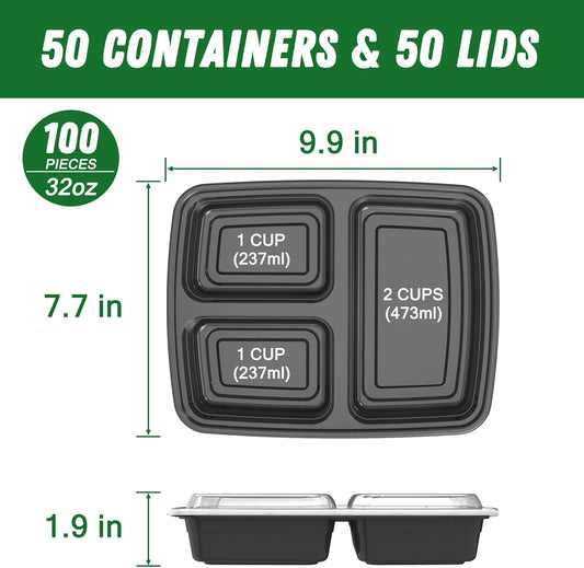 50 Pack (100-Piece) 32 oz Meal Prep Containers Reusable with Lids 3-Compartment, To Go Take Out Plastic Food Storage Containers, Sturdy Leakproof