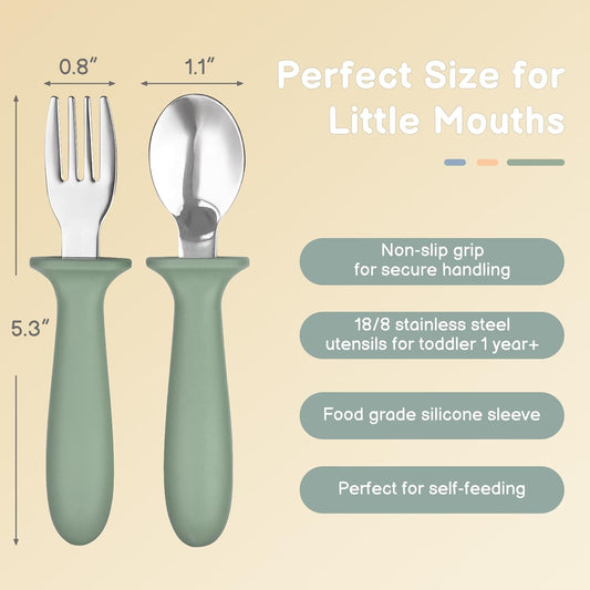 Toddler Utensils, 6 Pack kids Silverware Set with Silicone Handle, 18/8 Stainless Steel Children Safe Forks and Spoons, Dishwasher Safe
