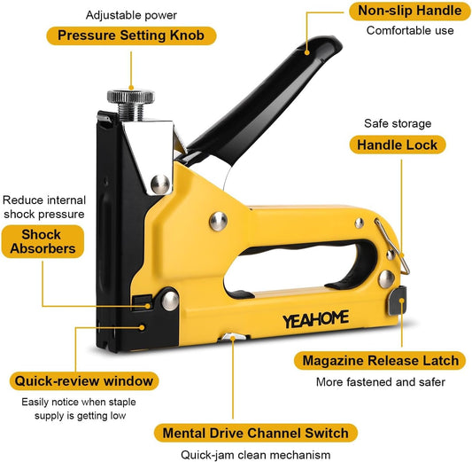 Upholstery Staple Gun Heavy Duty, YEAHOME 4-in-1 Stapler Gun with 4000 Staples, Manual Brad Nailer Power Adjustment Stapler Gun for Wood, Crafts