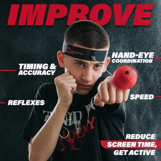 Champs MMA Boxing Reflex Ball Set with Punch Counter App | 4 Balls with Varying Weights, Headband & 4 Spare Strings to Improve Speed, Hand Eye