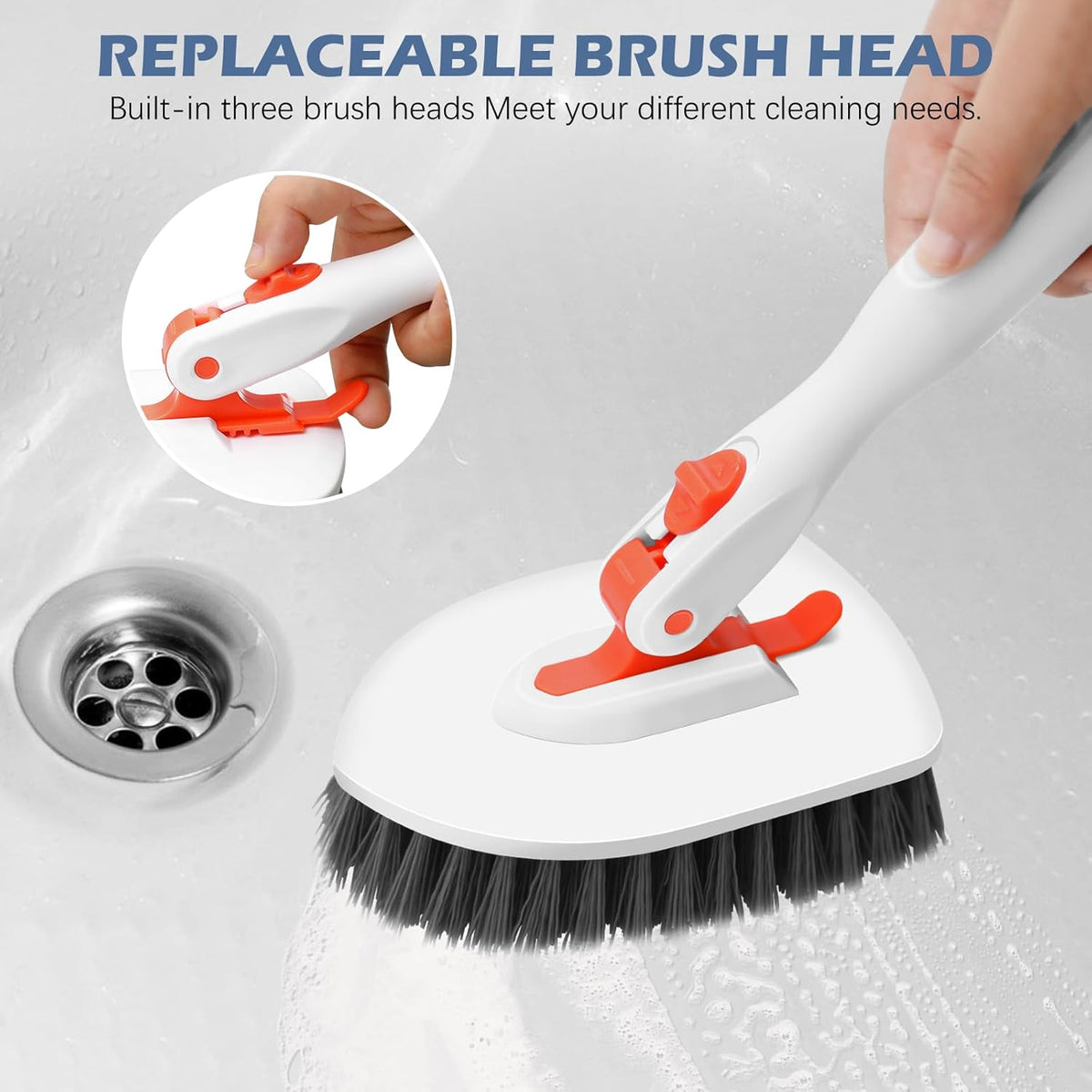 SetSail Floor Scrub Brush, 3-In-1 Tile Tub Floor Scrubber with 52-inch Adjustable Long Handle Shower Cleaner Brush and 3 Detachable Replacement Brush