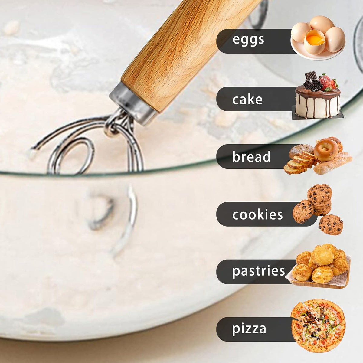 TEEVEA Danish Dough Whisk Stainless Steel Dough Hook Dutch Whisk for Sourdough Bread Dough Mixer Hand Wooden Handle Kitchen Whisking Mixing Tool