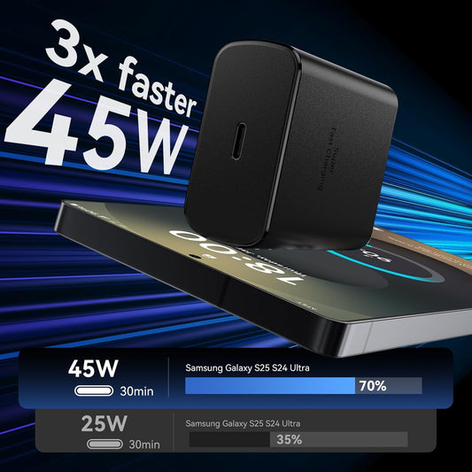 45W USB C Super Fast Charger, Type C Charger Fast Charging Android Phone Charger Block with 10FT Type C Charging Cable for Samsung Galaxy S25/S25