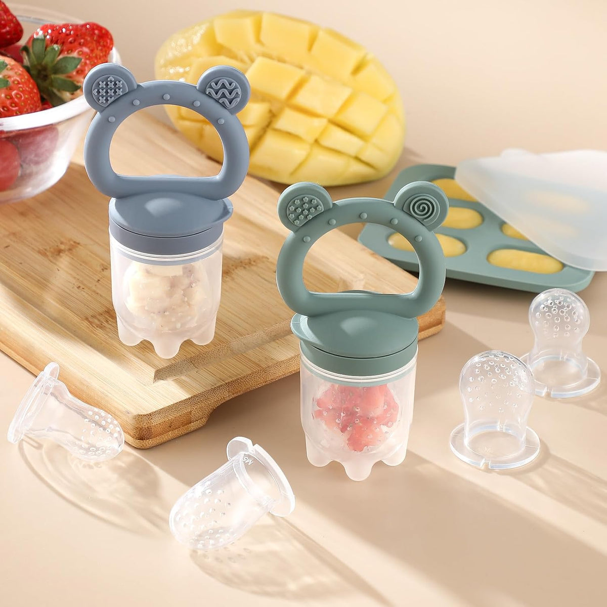 2 Pack Silicone Baby Fruit Feeder with Mini Freezer Tray, Breastmilk Popsicle Molds for Baby Teething Relief, Fresh Food Feeder for Safe Infant Self