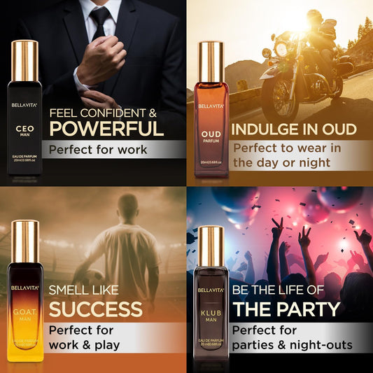 BellaVita Luxury Perfume Gift Set for Men (4 x 20ml) – Perfect Father’s Day Gifts for Dad & Husband | Includes KLUB, OUD, CEO & GOAT | Premium